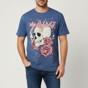 Sweet Claire Men's Blue "Savage" Floral Skull Graphic Short Sleeve T-Shirt L/XL